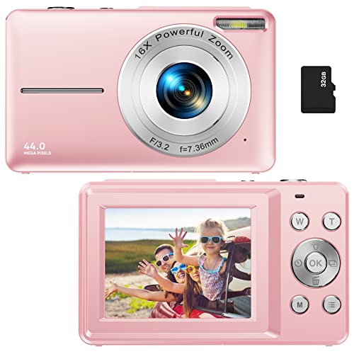 Digital Camera, Kids Camera with 32GB Card FHD 1080P 44MP Vlogging Camera with LCD Screen 16X Zoom Compact Portable Mini Rechargeable Camera Gifts for Students Teens Adults Girls Boys-Pink