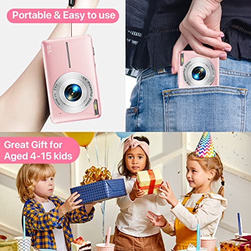 Digital Camera, Kids Camera with 32GB Card FHD 1080P 44MP Vlogging Camera with LCD Screen 16X Zoom Compact Portable Mini Rechargeable Camera Gifts for Students Teens Adults Girls Boys-Pink
