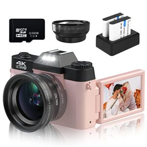 digital cameras for photography, 4k 48mp vlogging camera 16x digital zoom manual focus rechargeable students compact camera with 52mm wide-angle lens & macro lens, 32g micro card and 2 batteries