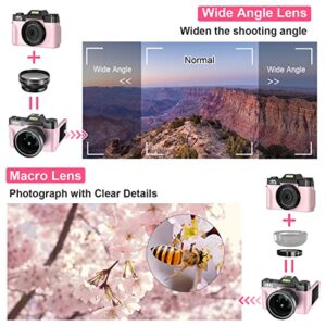 Digital Cameras for Photography, 4K 48MP Vlogging Camera 16X Digital Zoom Manual Focus Rechargeable Students Compact Camera with 52mm Wide-Angle Lens & Macro Lens, 32G Micro Card and 2 Batteries