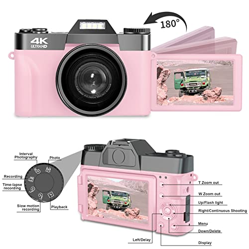 Digital Cameras for Photography, 4K 48MP Vlogging Camera 16X Digital Zoom Manual Focus Rechargeable Students Compact Camera with 52mm Wide-Angle Lens & Macro Lens, 32G Micro Card and 2 Batteries