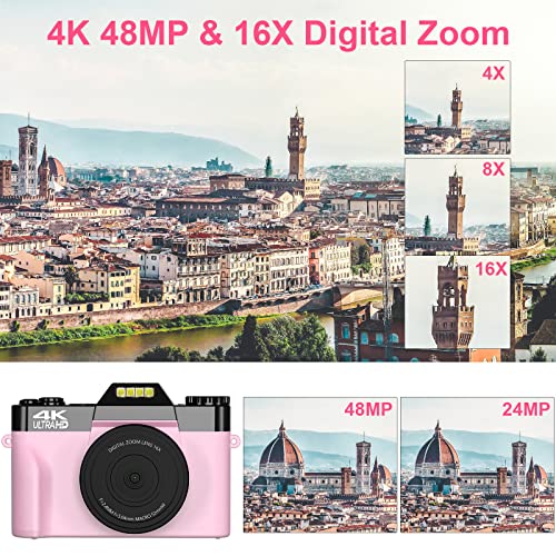 Digital Cameras for Photography, 4K 48MP Vlogging Camera 16X Digital Zoom Manual Focus Rechargeable Students Compact Camera with 52mm Wide-Angle Lens & Macro Lens, 32G Micro Card and 2 Batteries