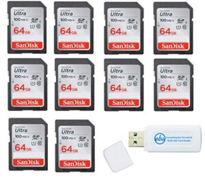 sandisk 64gb sd ultra memory card 10 pack uhs-i class 10 (sdsdunr-064g-gn6in) bundle with (1) everything but stromboli combo card reader