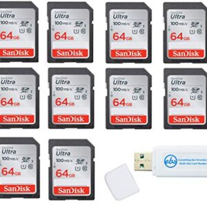 SanDisk 64GB SD Ultra Memory Card 10 Pack UHS-I Class 10 (SDSDUNR-064G-GN6IN) Bundle with (1) Everything But Stromboli Combo Card Reader