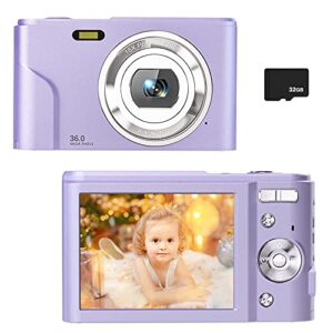 digital camera for kids boys and girls – 36mp children’s camera with 32gb sd card，full hd 1080p rechargeable electronic mini camera for students, teens, kids(purple)