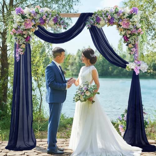 Wedding Arch Draping Fabric Navy Blue 20FT 2 Panels Chiffon Fabric Drapery Wedding Arches for Ceremony Ceiling Drapes Wedding Archway Tulle Backdrop for Party Sheer Fabric Curtains for Reception Swag