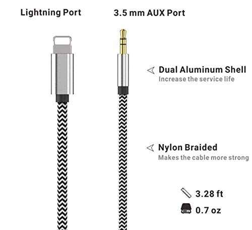 [Apple MFi Certified] Lightning to 3.5mm AUX Stereo Audio Cable, Nylon iPhone Aux Cord Adapter for Car Compatible with iPhone 14/13/12/11/XS/XR/X/8/7 to Speaker/Home Stereo/Headphone(3.3FT-Silver)