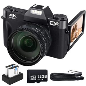 vjianger digital camera for photography 4k 48mp vlogging camera for youtube with wifi, 16x digital zoom, 52mm wide angle & macro lens, 2 batteries, 32gb tf card(w02-black2)