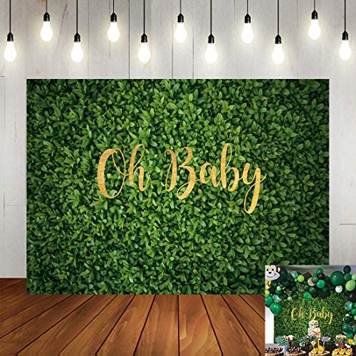 Oh Baby Green Leaves Backdrop Boy Girl Baby Shower Photography Background Newborn Announce Pregnancy Birthday Party Decorations Supplies Banner Photo Studio Props 7x5ft