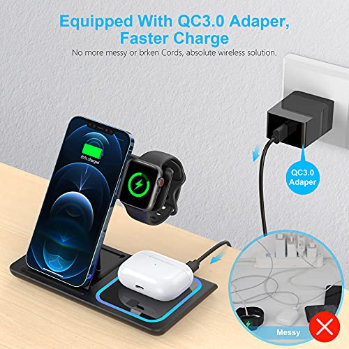 MAXFOX Wireless Charger 3 in 1, 18W Foldable Charging Station Compatible with iPhone 14 13 12 11/Plus/Pro/Pro Max/XR/XS/X/8+, iWatch Ultra 8 7 6 SE 5 4 3, Airpods with Adapter