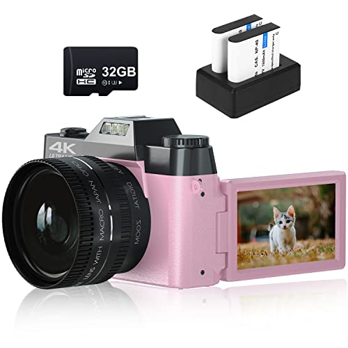 4K Digital Camera for Photography VJIANGER 48MP Vlogging Camera for YouTube with 3.0’’ 180° Flip Screen, WiFi, 16X Digital Zoom, Wide Angle & Macro Lens, 2 Batteries, 32GB Micro SD Card(W02-Pink30)