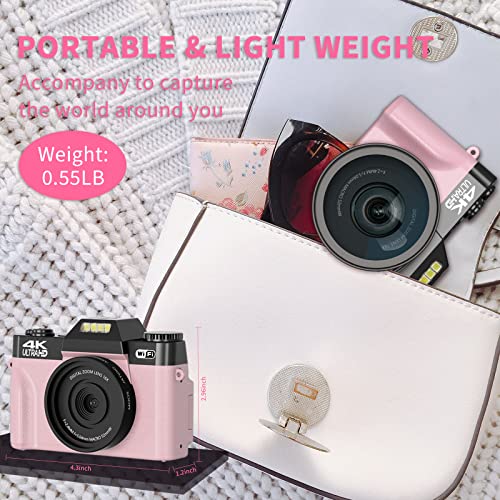 4K Digital Camera for Photography VJIANGER 48MP Vlogging Camera for YouTube with 3.0’’ 180° Flip Screen, WiFi, 16X Digital Zoom, Wide Angle & Macro Lens, 2 Batteries, 32GB Micro SD Card(W02-Pink30)