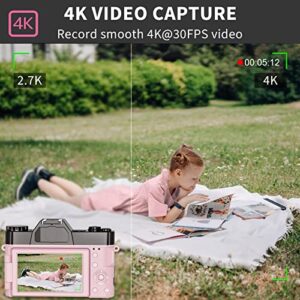 4K Digital Camera for Photography VJIANGER 48MP Vlogging Camera for YouTube with 3.0’’ 180° Flip Screen, WiFi, 16X Digital Zoom, Wide Angle & Macro Lens, 2 Batteries, 32GB Micro SD Card(W02-Pink30)