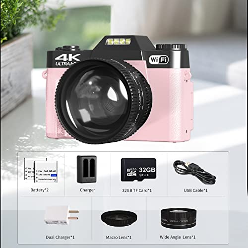 4K Digital Camera for Photography VJIANGER 48MP Vlogging Camera for YouTube with 3.0’’ 180° Flip Screen, WiFi, 16X Digital Zoom, Wide Angle & Macro Lens, 2 Batteries, 32GB Micro SD Card(W02-Pink30)