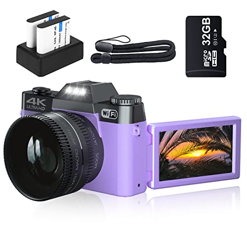 4K Digital Camera for Photography VJIANGER 48MP Vlogging Camera for YouTube with 3.0’’ 180° Flip Screen, WiFi, 16X Digital Zoom, Wide Angle & Macro Lens, 2 Batteries, 32GB Micro SD Card(W02-Purple30)