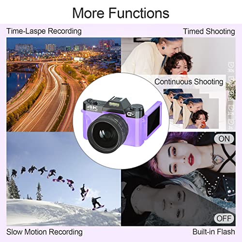 4K Digital Camera for Photography VJIANGER 48MP Vlogging Camera for YouTube with 3.0’’ 180° Flip Screen, WiFi, 16X Digital Zoom, Wide Angle & Macro Lens, 2 Batteries, 32GB Micro SD Card(W02-Purple30)