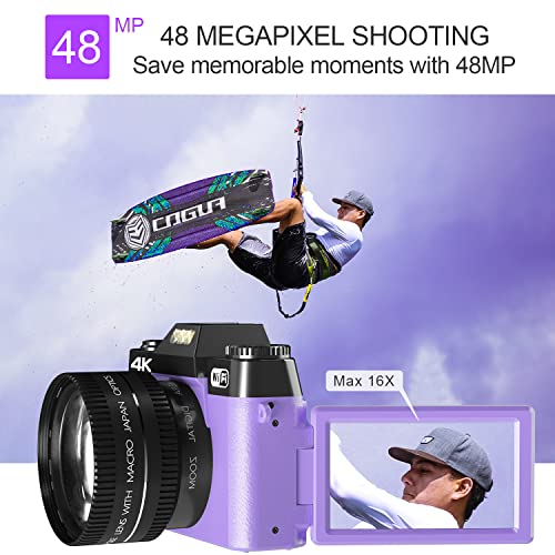 4K Digital Camera for Photography VJIANGER 48MP Vlogging Camera for YouTube with 3.0’’ 180° Flip Screen, WiFi, 16X Digital Zoom, Wide Angle & Macro Lens, 2 Batteries, 32GB Micro SD Card(W02-Purple30)