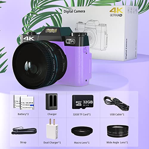 4K Digital Camera for Photography VJIANGER 48MP Vlogging Camera for YouTube with 3.0’’ 180° Flip Screen, WiFi, 16X Digital Zoom, Wide Angle & Macro Lens, 2 Batteries, 32GB Micro SD Card(W02-Purple30)