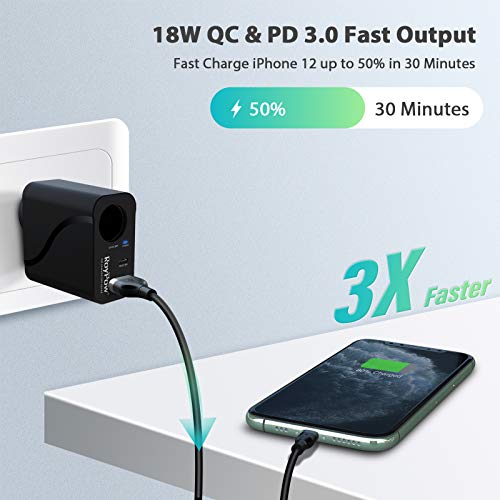 RoyPow 36W USB C Charger with Car Cigarette Lighter Socket, 3-Ports Wall Charger 18W PD3.0 Travel Plug 110V/120V to 12V/3A AC to DC Converter Power Adapter for iPhone, Galaxy, Pixel, iPad