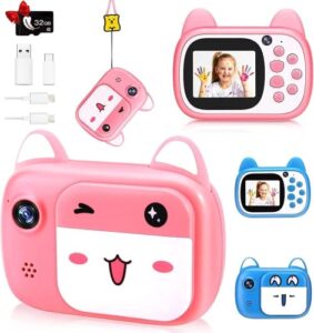 1080p hd selfie video kids camera toys with 32gb sd card, digital camera for kids,toddler camera for girls & boys as birthday, pink