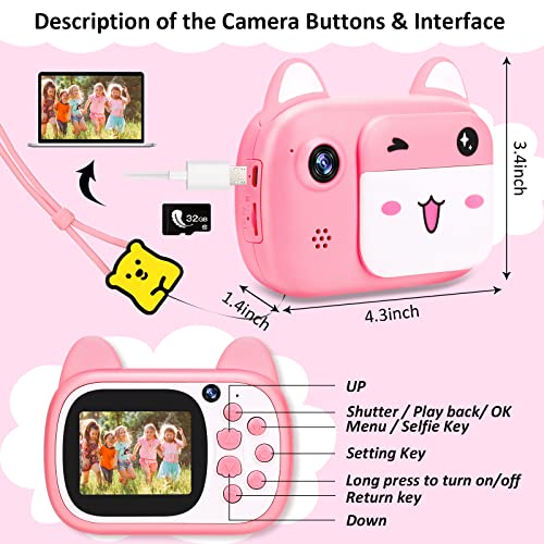 1080P HD Selfie Video Kids Camera Toys with 32GB SD Card, Digital Camera for Kids,Toddler Camera for Girls & Boys as Birthday, Pink