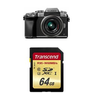 panasonic lumix g7 4k mirrorless camera, with 14-42mm mega o.i.s. lens, 16 megapixels, 3 inch touch lcd, dmc-g7ks (usa silver) with transcend 64 gb memory card