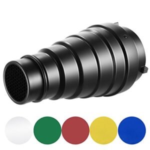 neewer large aluminium alloy conical snoot kit with honeycomb grid and 5 pieces color gel filters for bowens mount studio strobe monolight photography flash light