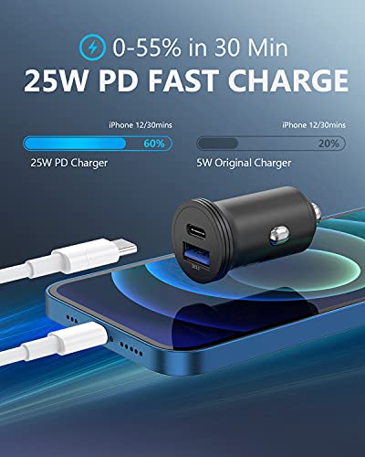 Car Charger for iPhone 13, 43W Fast USB C Car Charger Adapter Dual Port, 25W USB-C & 18W USB iPhone Car Charger Aluminum Alloy with Lightning Cable for iPhone 13/12 Pro Max/11 Pro/XS/XR/8 and More
