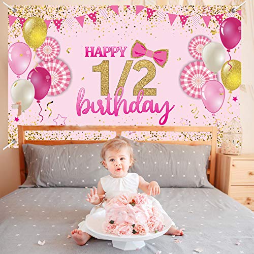 1/2 Birthday Banner Backdrop - 6 Month 71" x 43" Happy Birthday Yard Sign backgroud 1/2 Years Birthday Backdrop Party Indoor Outdoor Car Decorations Supplies (Pink)