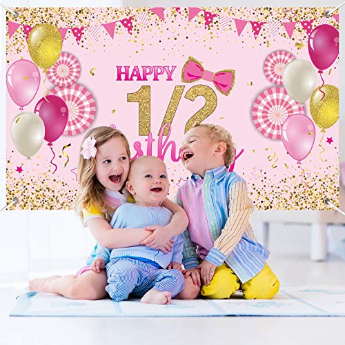 1/2 Birthday Banner Backdrop - 6 Month 71" x 43" Happy Birthday Yard Sign backgroud 1/2 Years Birthday Backdrop Party Indoor Outdoor Car Decorations Supplies (Pink)