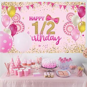 1/2 Birthday Banner Backdrop - 6 Month 71" x 43" Happy Birthday Yard Sign backgroud 1/2 Years Birthday Backdrop Party Indoor Outdoor Car Decorations Supplies (Pink)