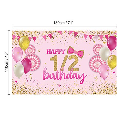 1/2 Birthday Banner Backdrop - 6 Month 71" x 43" Happy Birthday Yard Sign backgroud 1/2 Years Birthday Backdrop Party Indoor Outdoor Car Decorations Supplies (Pink)