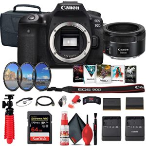 canon eos 90d dslr camera (body only) (3616c002) + canon ef 50mm lens + 64gb card + case + filter kit + corel photo software + lpe6 battery + charger + card reader + more (renewed)