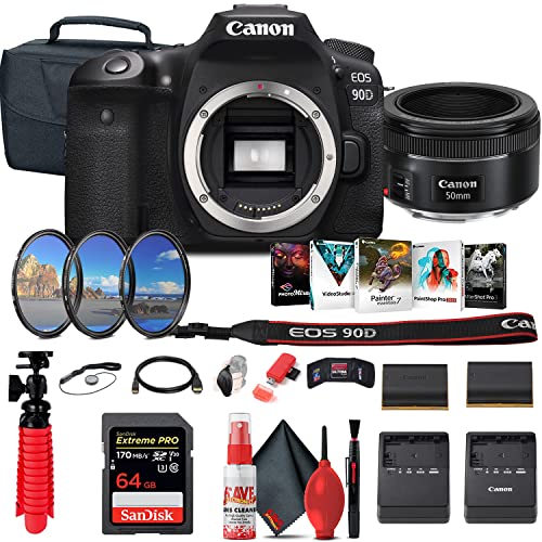 Canon EOS 90D DSLR Camera (Body Only) (3616C002) + Canon EF 50mm Lens + 64GB Card + Case + Filter Kit + Corel Photo Software + LPE6 Battery + Charger + Card Reader + More (Renewed)