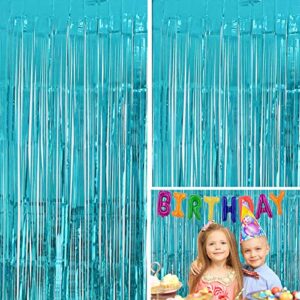 moohome 2 pack 3ft x 8ft aquamarine blue foil curtains metallic tinsel fringe curtains shimmer door window curtain backdrop for birthday wedding bridal shower photo booth party decorations
