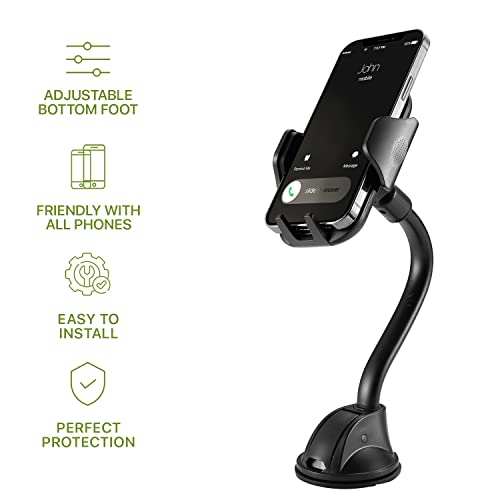 LAX Gadgets Gooseneck Phone Mount for Car – Cradle Cell Phone Car Mount with Flexible Gooseneck - Powerful Suction Cup for Windshield or Dash - Black