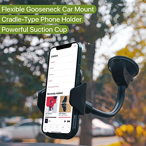 LAX Gadgets Gooseneck Phone Mount for Car – Cradle Cell Phone Car Mount with Flexible Gooseneck - Powerful Suction Cup for Windshield or Dash - Black