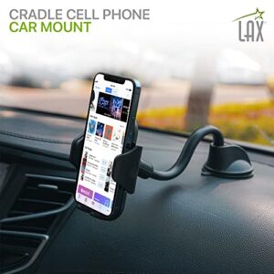 LAX Gadgets Gooseneck Phone Mount for Car – Cradle Cell Phone Car Mount with Flexible Gooseneck - Powerful Suction Cup for Windshield or Dash - Black