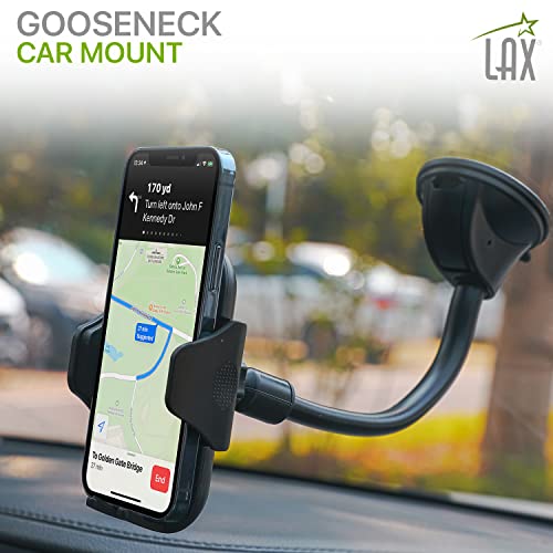 LAX Gadgets Gooseneck Phone Mount for Car – Cradle Cell Phone Car Mount with Flexible Gooseneck - Powerful Suction Cup for Windshield or Dash - Black