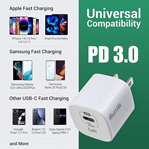 Quntis 30W USB-C Super Fast Charger, PD 3.0 GaN Charger iPad Mini Charger Fast Charging, Rapid Wall Charger Block &Cable for iPhone 14 Pro Max/14 Plus/13/12/11, iPad Pro/Air, MacBook Air, AirPods Pro