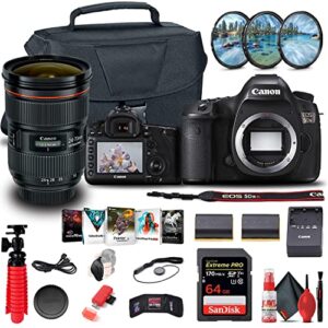 canon eos 5ds dslr camera (body only) (0581c002) + canon ef 24-70mm lens + 64gb card + case + filter kit + corel photo software + lpe6 battery + card reader + flex tripod + hand strap + more (renewed)