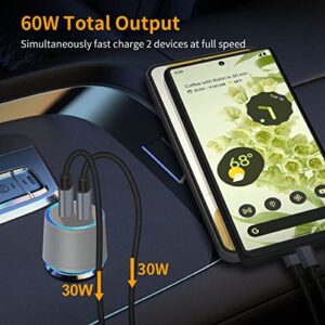 Dual 30W PD Ports USB C Rapid Charging Car Charger, 3.3+6.6ft Type C Cable for Google Pixel 7/7 Pro/6a/6/6 Pro/5a/4a, Samsung Galaxy S22 5G/Ultra/Plus Android Phone, Looptimo 60W Fast Car Adapter-Grey