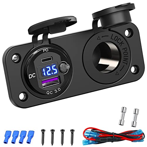 Cigarette Lighter Socket 12 Volt USB Outlet: PD 20W USB C and QC3.0 Car USB Port Aluminum Metal 12V Plug, 150W Car Charger USB Socket Panel with Power Switch LED Voltmeter for Marine Boat RV Golf Cart