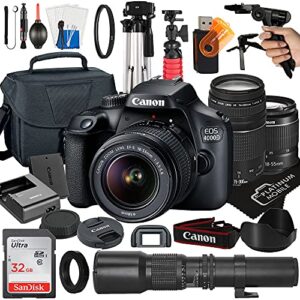 canon eos 4000d / rebel t100 dslr camera with ef-s 18-55mm + ef 75-300mm + 500mm preset manual focus lens + sandisk 32gb card + tripod + case + megaaccessory bundle (24pc bundles) (renewed)