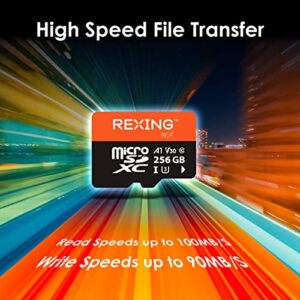 RexingUSA 256GB microSDXC UHS-3 4K Full HD Video High Speed Transfer Monitoring SD Card with Adapter for Dash Cams, Surveillance System, Security Camera, & Body Cam