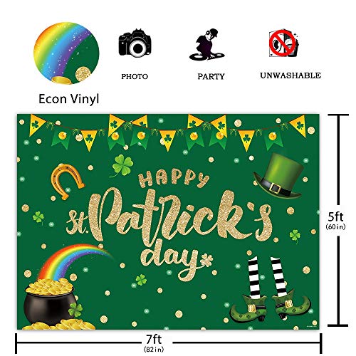 Funnytree 7x5FT Happy St. Patrick's Day Photography Backdrop Lucky Party Decoration Green Shamrocks Spring Rainbow Hat Leprechaun Legs Background Flags Banner Supplies