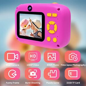 Kids Camera-Camera for Kids with Time-Lapse Photography, 40MP Dual Selfie Kids Digital Camera for Girls Boys 3-12 Year, 1080P HD Video Cameras Christmas Birthday Gift with 32GB SD Card, Card Reader