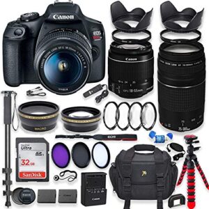 canon eos rebel t7 dslr camera with 18-55mm is lens bundle + canon ef 75-300mm f/4-5.6 iii lens + 32gb memory + filters + monopod + spider tripod + professional bundle (renewed)