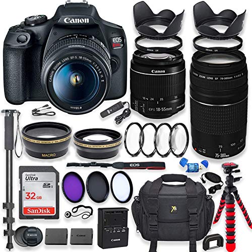 Canon EOS Rebel T7 DSLR Camera with 18-55mm is Lens Bundle + Canon EF 75-300mm f/4-5.6 III Lens + 32GB Memory + Filters + Monopod + Spider Tripod + Professional Bundle (Renewed)