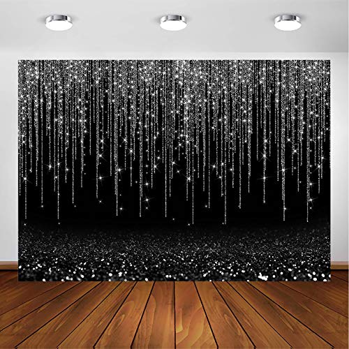 Avezano Black and Silver Glitter Sparkle Backdrop for Adult Kids Bday Party Decorations Photography Background Silver Black Bokeh Dots Wedding Birthday Party Decoration Photoshoot Backdrops (7x5ft)